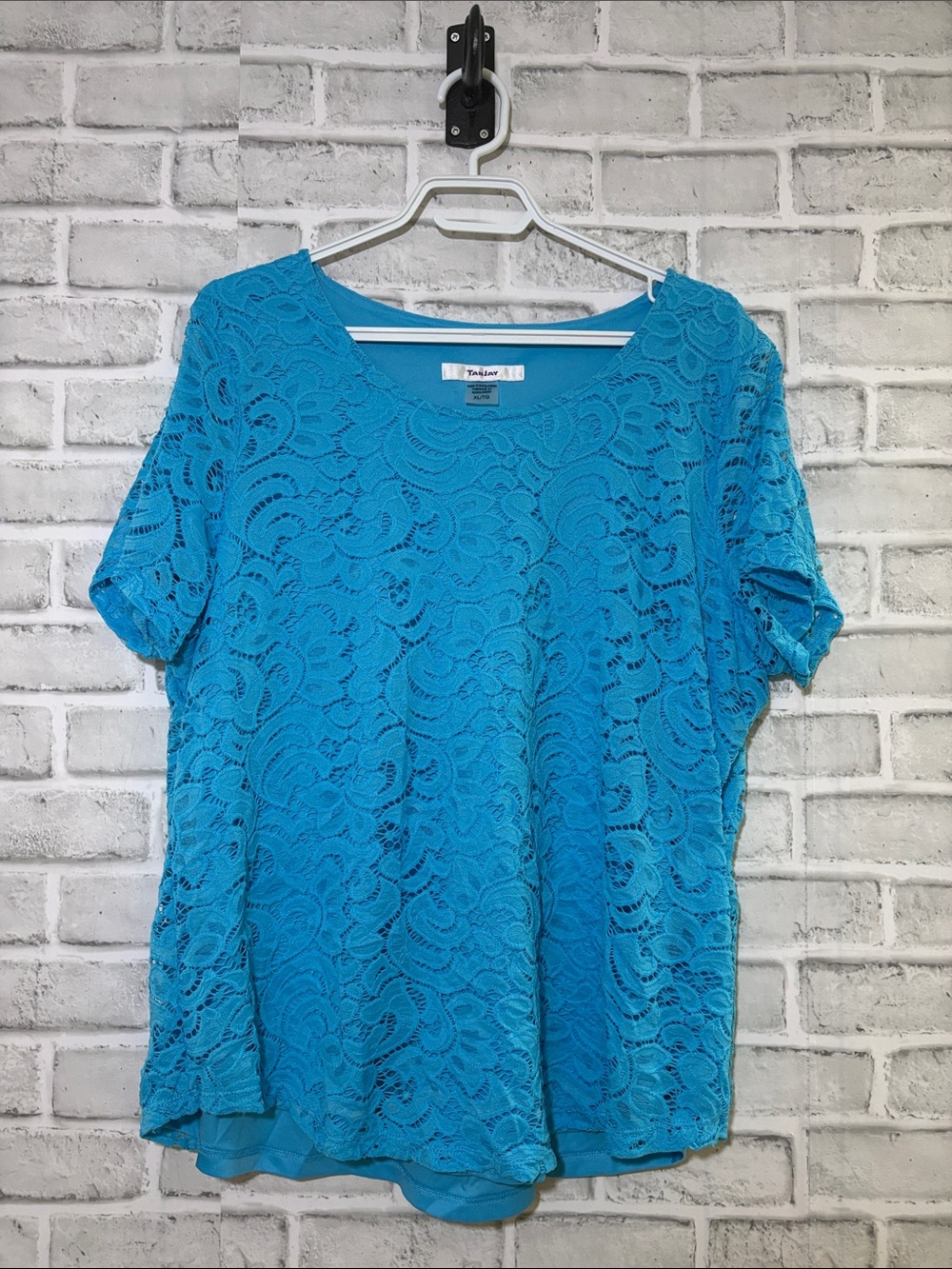 TanJay Bright Teal Lace Short Sleeve Top, XL